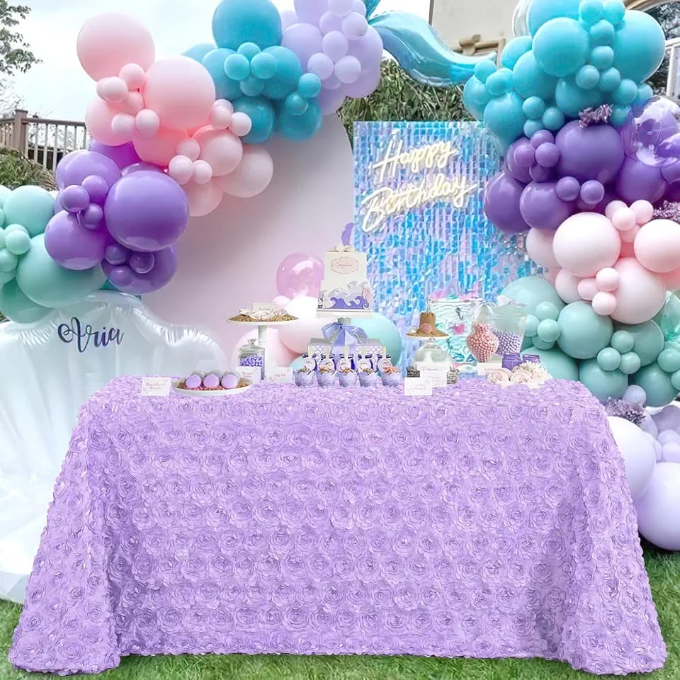 Fanqisi Lavender 3D Floral Rosette Satin Tablecloth 90"x156" Baby Shower