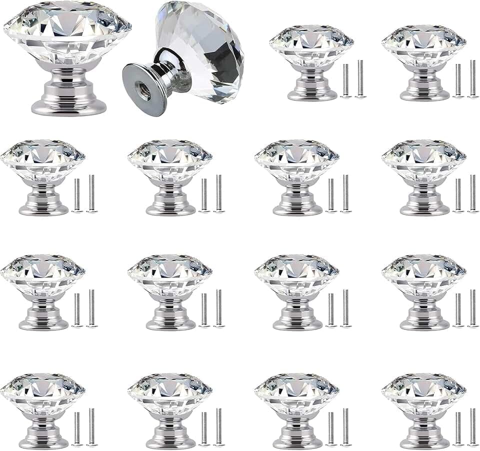 Möbelknöpfe Kristall 16 Stück Diamant Kristallglas Moebelknopf 30 mm Schrankknöpfe Kristall Türknauf Schubladenknöpfe Knöpfe Für Kommode, Möbel, Schrank, Mit Schrauben
