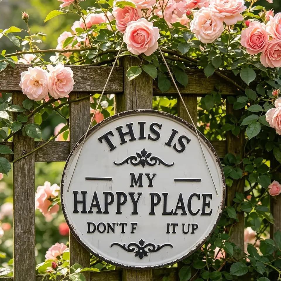 This Is My Happy Place Don't F It up, Funny Garden Metal Sign, Metal Vintage Tin Plaque for Outdoor Garden Patio & Home Wall Decor Humorous Housewarming Gift for Office Bar (12 * 12in)