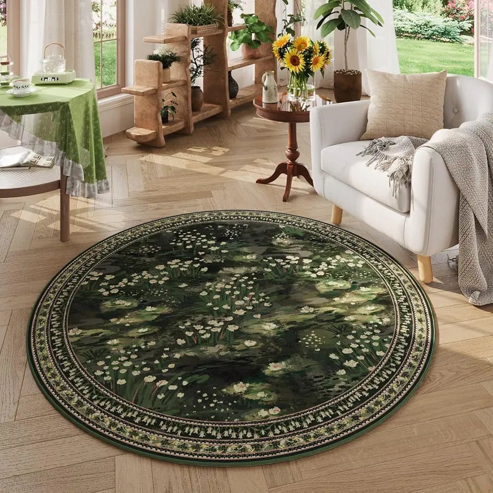Rugcomf Round Area Rug 4ft Washable Vintage Impressionist-Style, Green