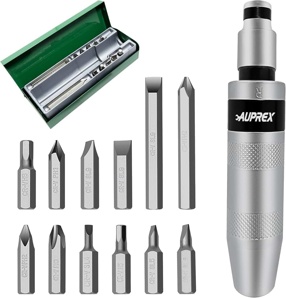 AUPREX Manual Impact Screwdriver, 1/2” Reversible Hand Impact Driver Set, Hammer Screwdriver with 12-Piece CR-V Slotted, Phillips, Hexagonal Bits Set for Removing Rusted Fasteners or Frozen Bolts