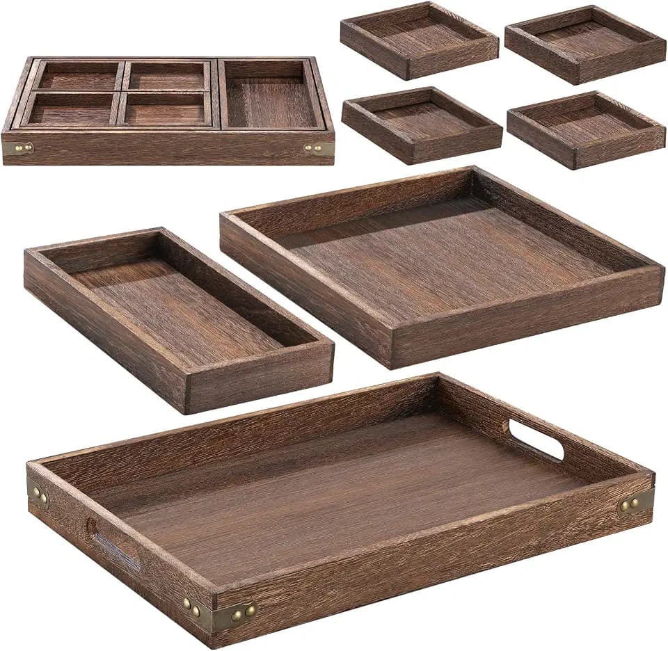 Wood Serving Tray with Handle, Set of 7 Nesting Rectangular Trays for Party