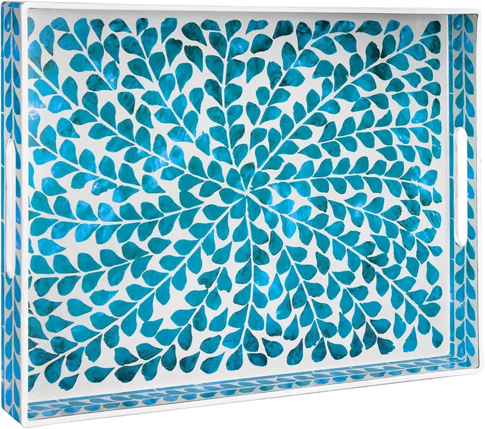 MAONAME Plastic Serving Tray with Handles, Rectangle Blue Decorative Tray