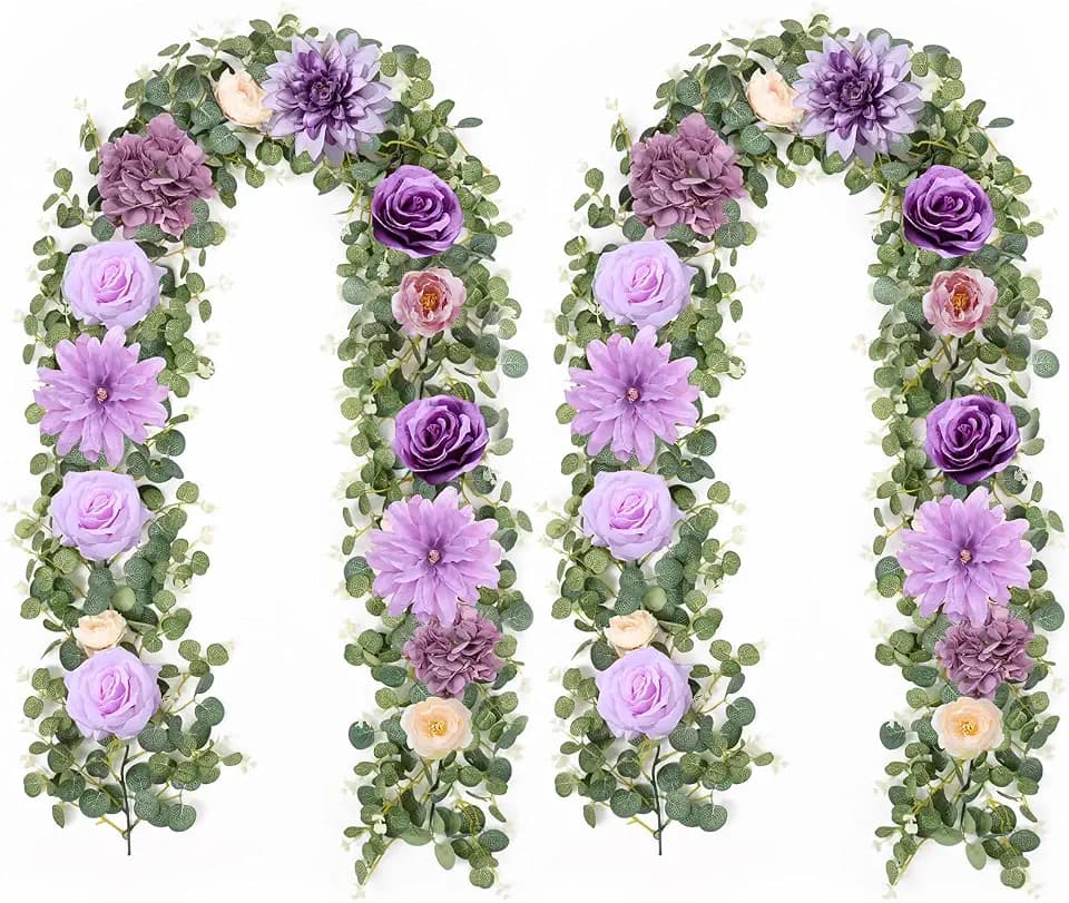 Waipfaru 2 Pcs Flower Garland, 6Ft Eucalyptus Garland with Flowers, Rose Floral Vines for Wedding Reception Table Mantle Room Spring Summer Decor (Purple)