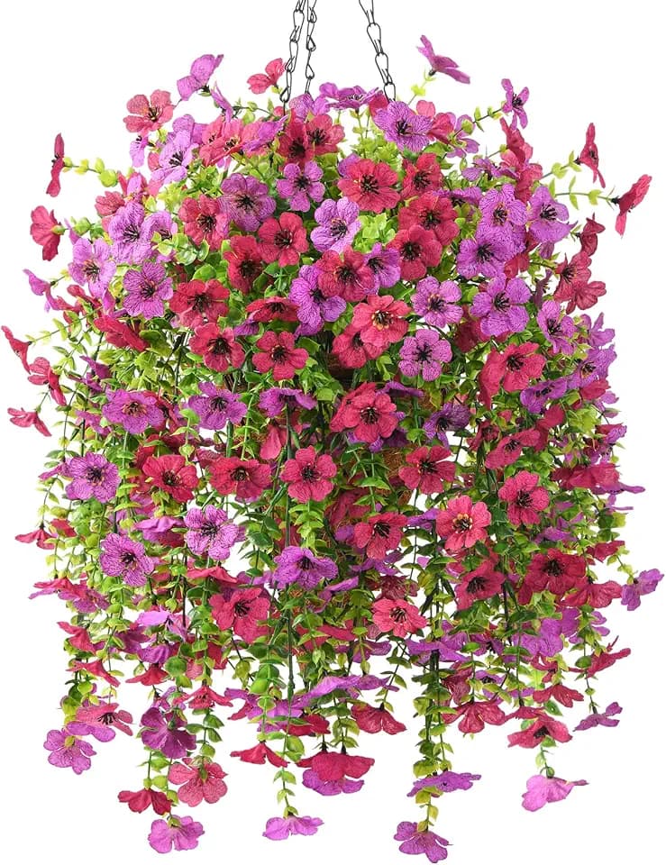 INQCMY Artificial Hanging Flowers with Basket for Spring Outdoor Decoration 3 Bunches of Silk Daisy Flower Uv Resistant for Garden Porch Patio Balcony Yard Decor (Purple Red)