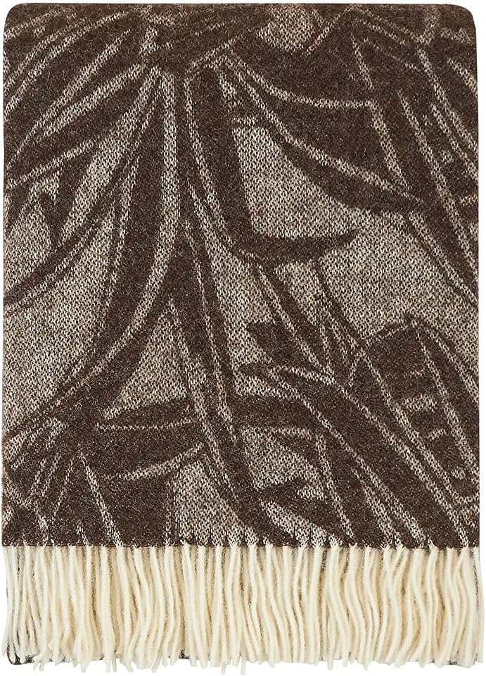 Wool Blanket/Throw | 100% New Zealand Wool | Perfect for Home and Outdoors | Virgin Wool Blanket with Fringes 55"x79" (140 x 200 cm) (Brown Leaves)