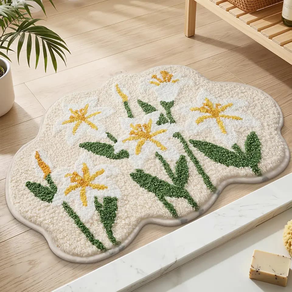 Cute White Lily Floral Plush Fleece Flower Bathroom Rug 20x31 inch