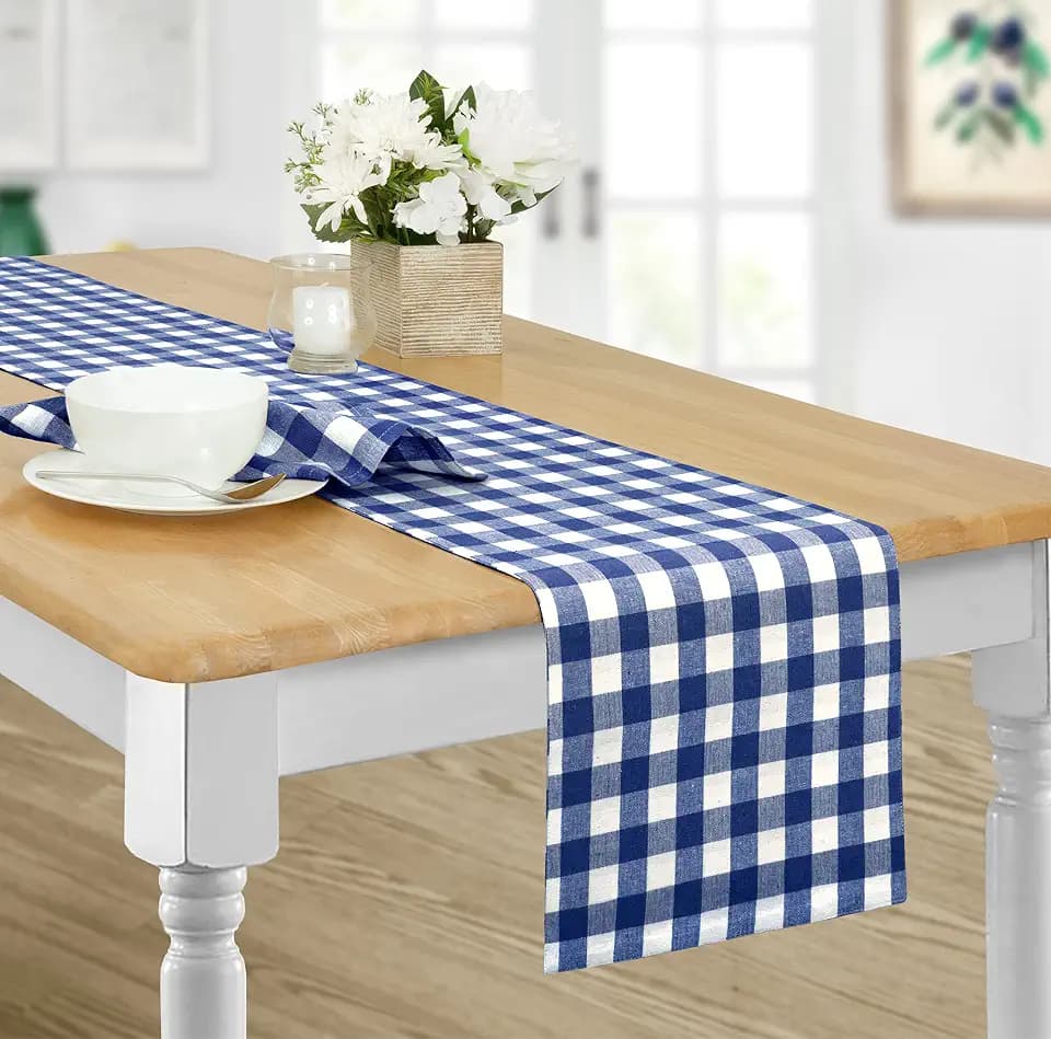 Home Bargains Plus Country Rustic Buffalo Plaid Cotton Table Runner, 72 Inch Long, Blue, Checkered Cottage Gingham Easy Care Dining Table Runner