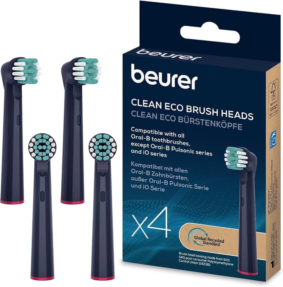 Beurer TB Clean Eco Aufsteckbürsten für elektrische Zahnbürste, 4 Bürstenköpfe kompatibel mit Oral-B Zahnbürsten, Borsten aus 100% nachwachsenden Rohstoffen, effektive Zahnreinigung, Härtegrad Mittel
