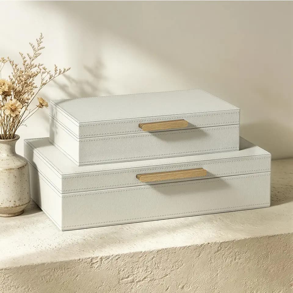 JARLINK Decorative Storage Boxes with Lids, PU Leather Bins, Ivory White