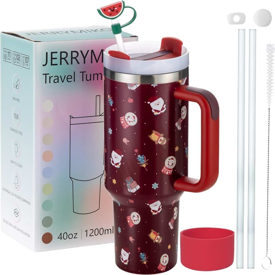 40 oz Tumbler With Handle and Straw Lid,Simpl Moder Double Wall Vacuum Sealed Stainless Steel Insulated Tumblers,Travel Mug for Hot and Cold Beverages,Thermos Travel (Red Christmas)
