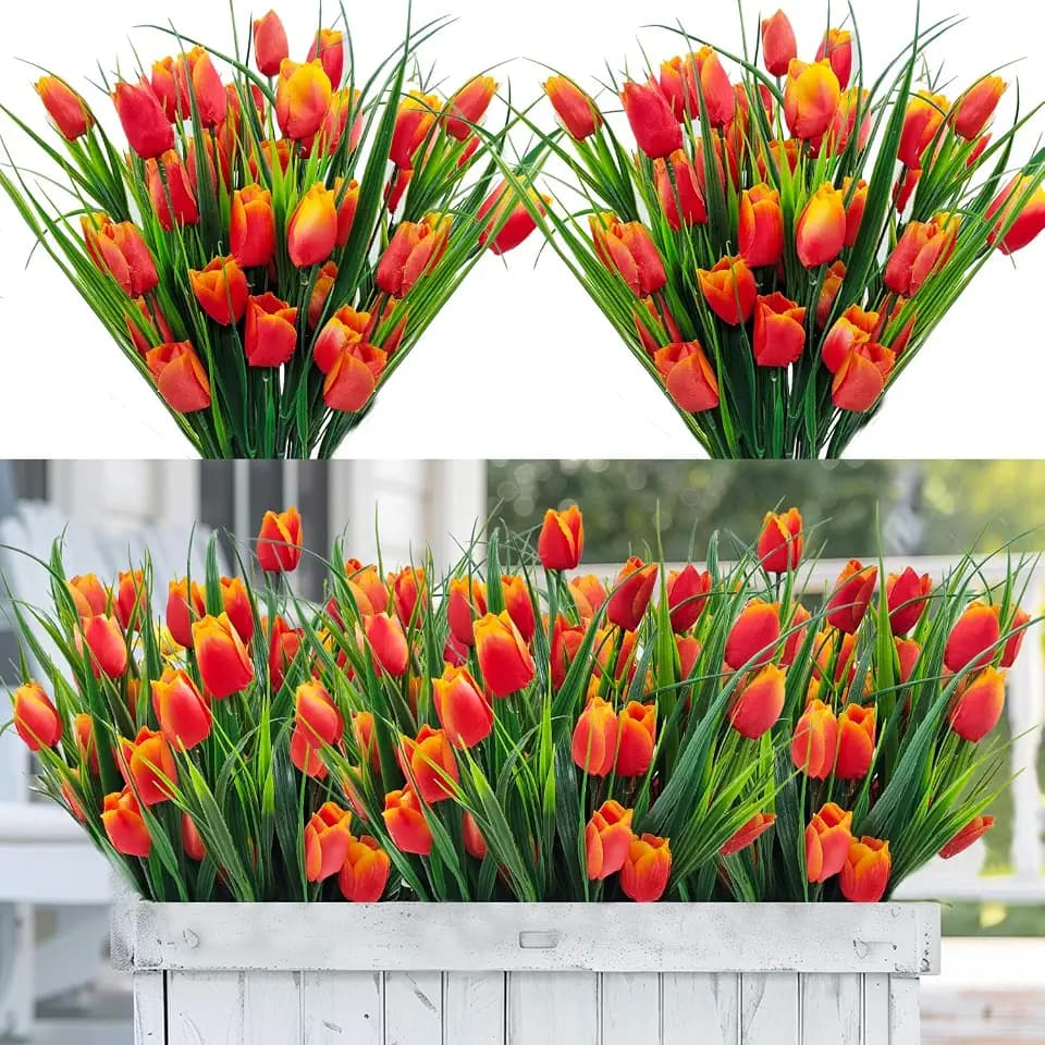 12 Bundles 60 Heads Artificial Tulips Fake Flowers Outdoor UV Resistant Silk Tulip Faux Plastic Greenery Shrubs Plants for Outside Planter Porch Garden Patio Decor (Orange)