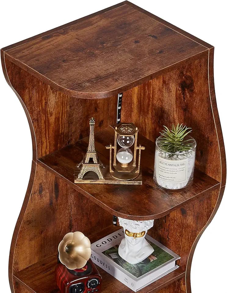 VECELO Wavy Corner Shelf with LED Light, Decorative 6-Tier Corner Display Bookshelf, 59.3” Tall Storage Organizer for Small Spaces, Living Room or Bedroom, Rustic Brown