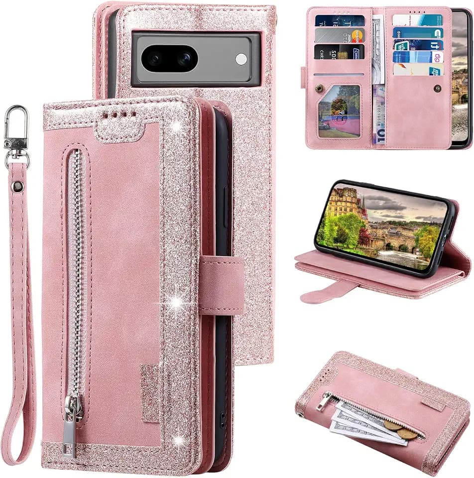 EYZUTAK Handyhülle für Google Pixel 8A Hülle,Flip Case Lederhülle Reißverschluss Magnetverschluss Brieftasche mit 9 Kartenfächern Standfuntion Retro Matt Ledertasche für Google 8a-Roségold