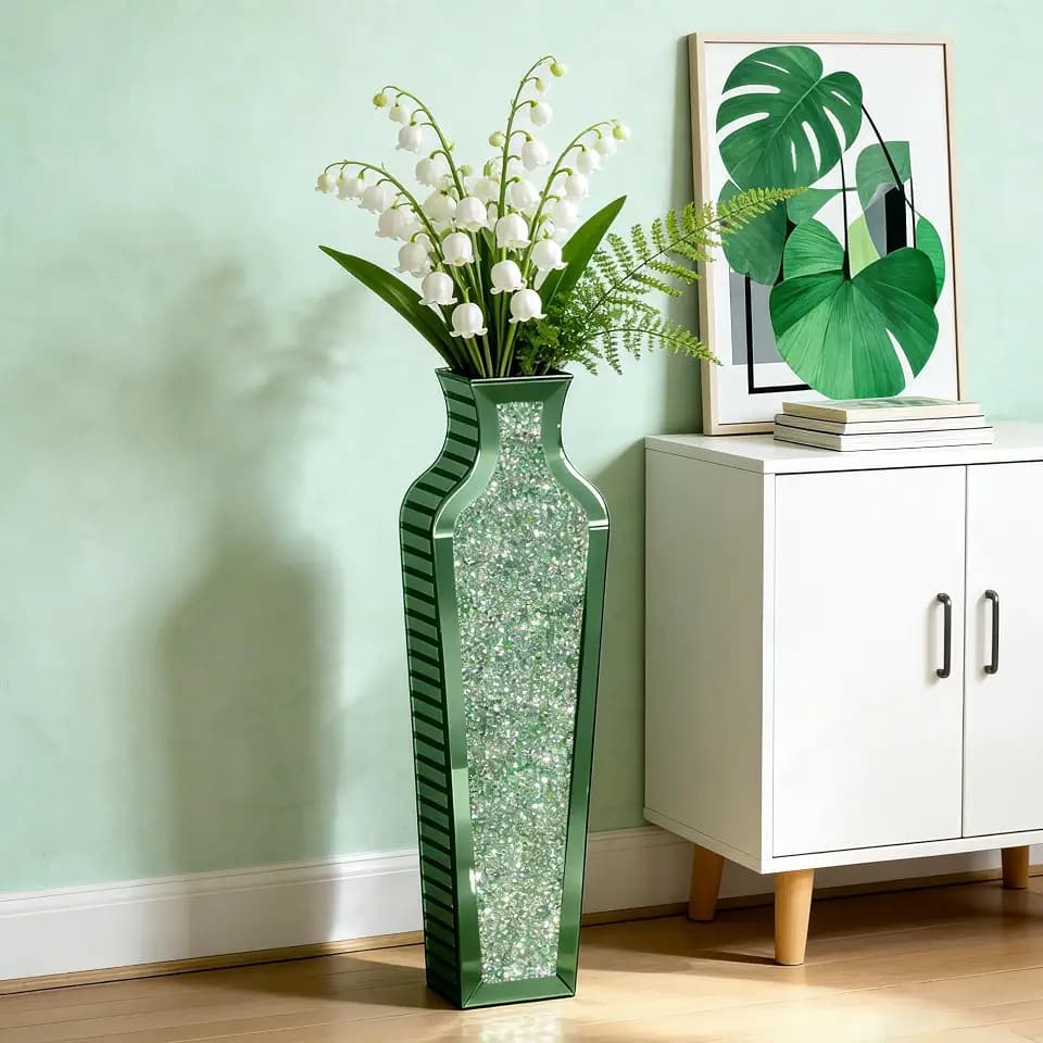 SHYFOY Green Crushed Diamond Floor Vase, Large Mirrored Tall Vases for Floor, Modern Glass Decorative Vases for Living Room Bedroom Home Corner Indoor Office, 26.8" Tall