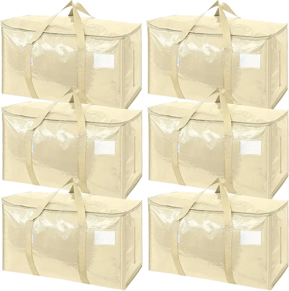 TICONN 6 Pack Extra Large Moving Bags Heavy Duty with Zippers & Carrying Handles, Durable Storage Bags Moving Boxes for Closet Organizers and Storage (6 Pack, Cream)