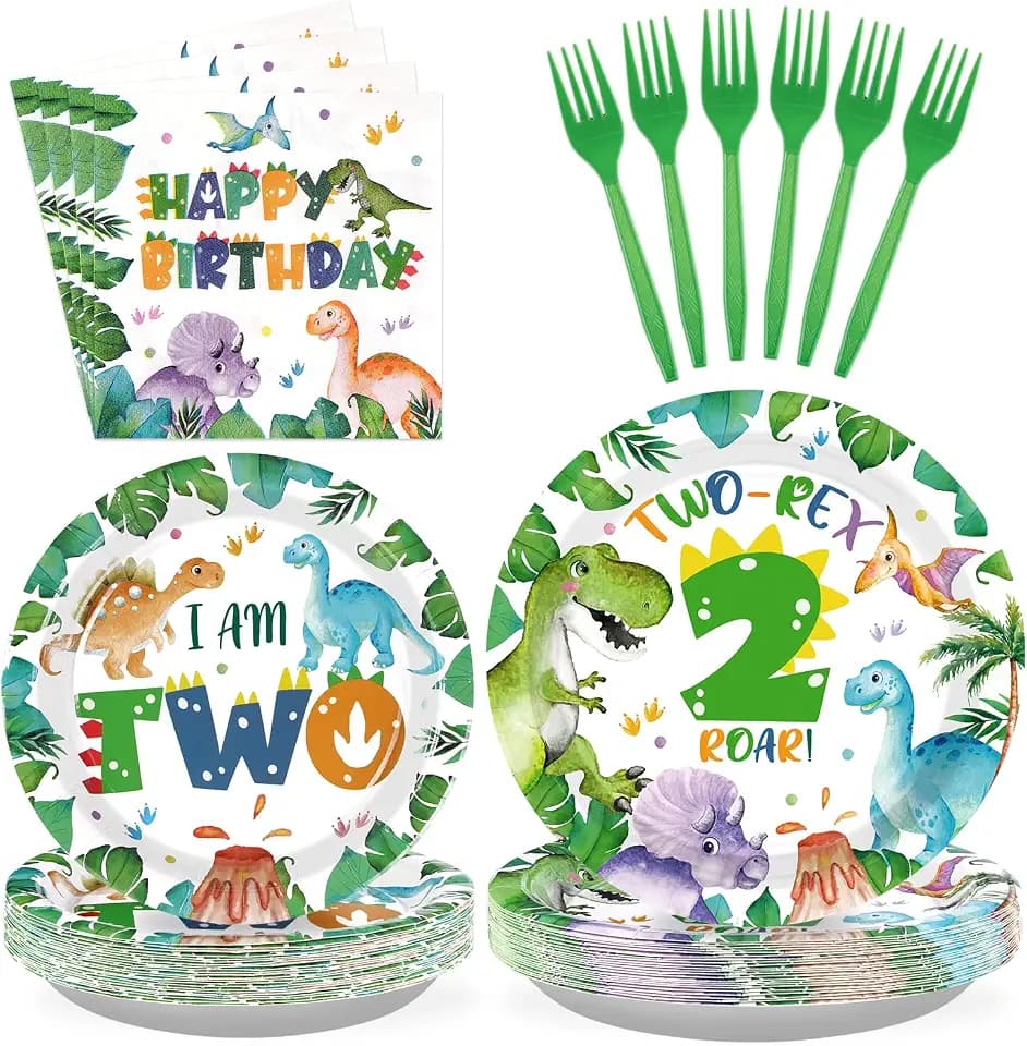 Grencian 96Pcs Dinosaur 2nd Birthday Party Decorations, Serves 24