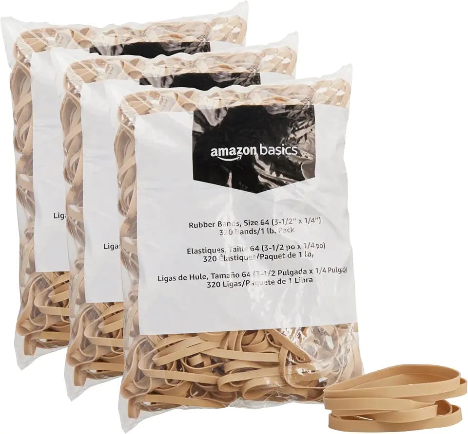 Amazon Basics Rubber Bands, Office Supplies, Size 64 (1/4"), 320 Bands/1 lb Pack, 3-Pack, Tan