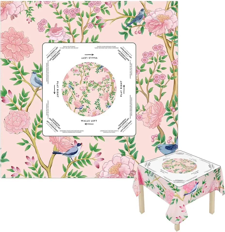 Mahjong Tablecloth with Game Rules, 55" x 55" Pink Flower