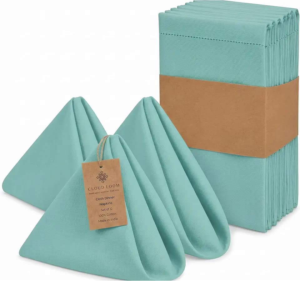 CLOUDLOOM Hemstitch Aqua Green 100% Cotton Cloth Napkins Set of 12, 18"x18"