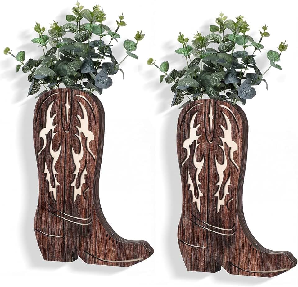 Havawish 2 Pcs Country Room Decor Western Cowboy Wood Boots, Dark Brown