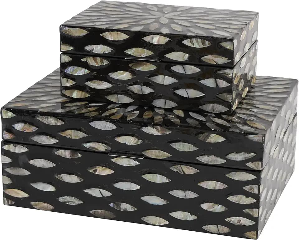 Deco 79 Mother of Pearl Shell Decorative Box Geometric Floral Decorative Keepsake Boxes with Beige Accents, Set of 2 Storage Boxes 12", 8"W, Black