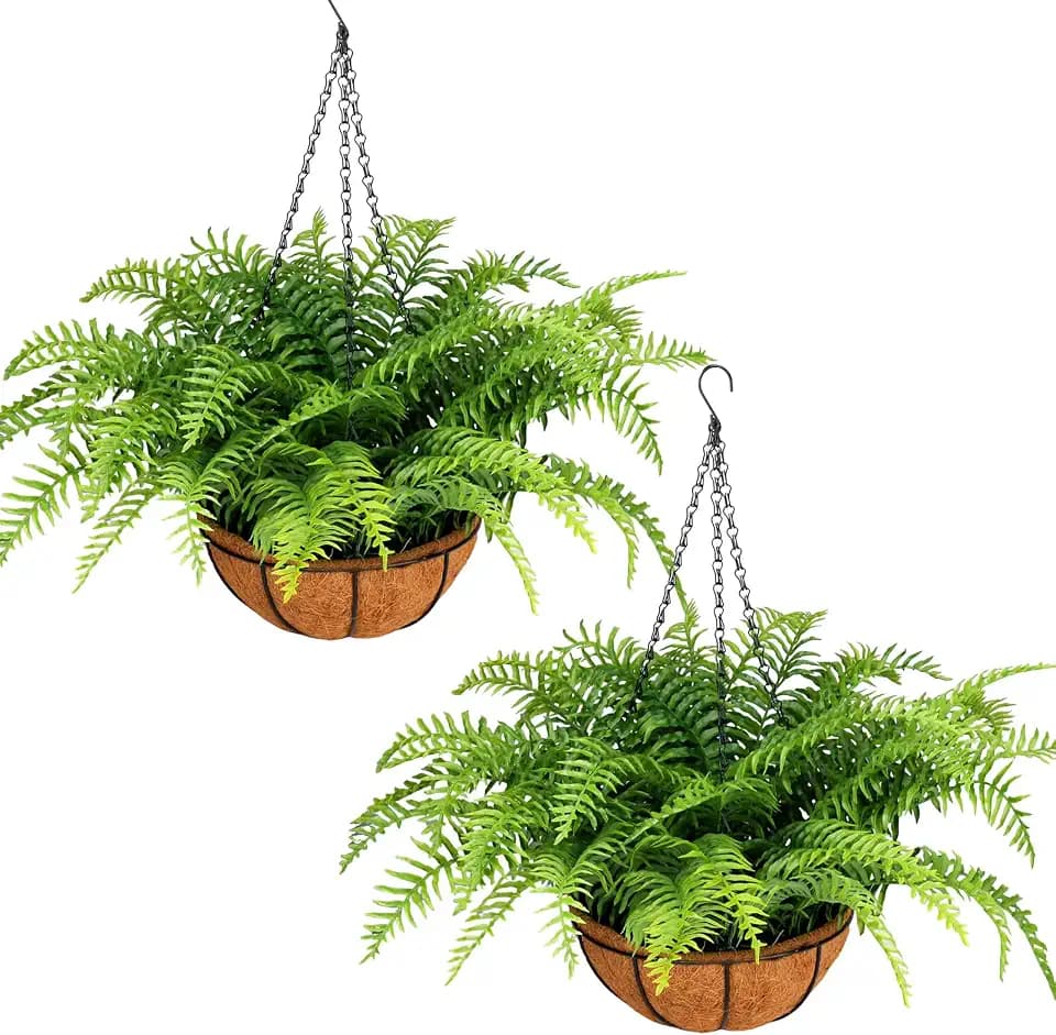 2 Set Fake Ferns with Hanging Baskets, UV Resistant Fake Hanging Ferns Plants, Outdoor Artificial Hanging Plants for Front Porch Garden Balcony Patio Home Decor, No Assembly