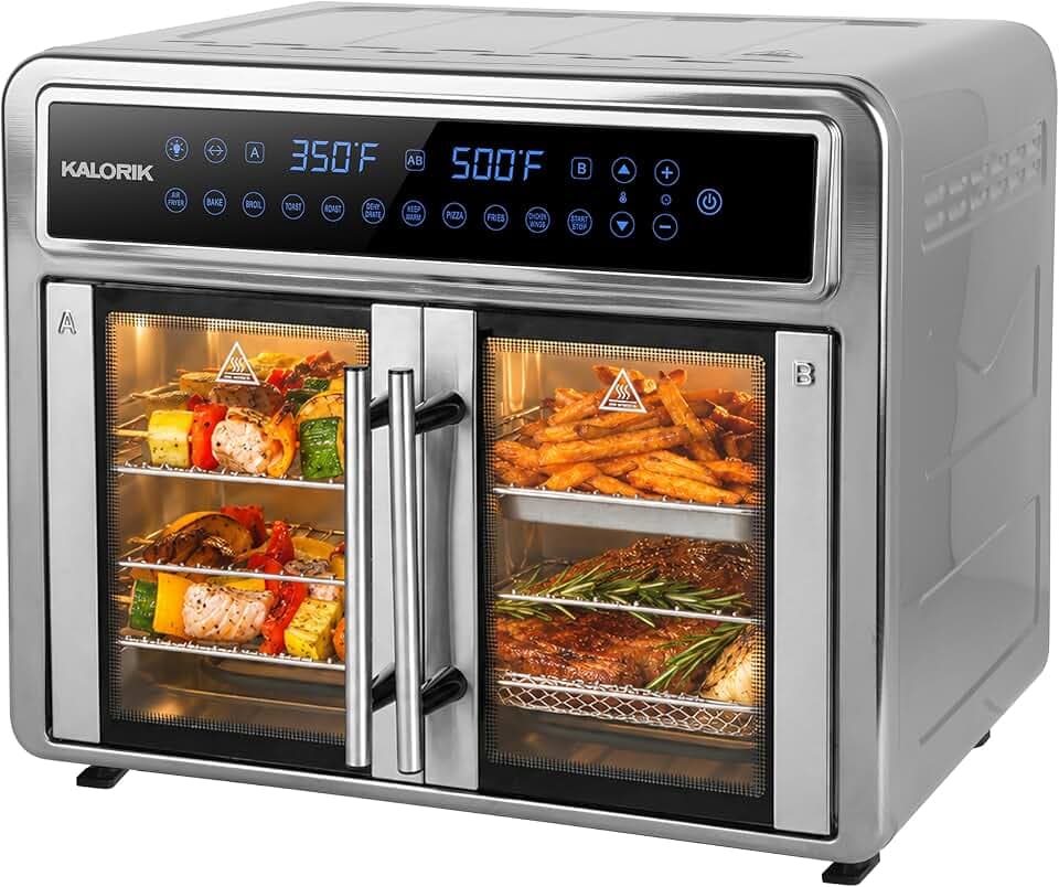 Kalorik Air Fryer Oven MAXX Series 26-Quart Flex Trio with Digital Controls Dual Zone Easy-View Door and 14 Cooking Presets, Converts into Dual 13 Quart Air Fryers, 1700-Watts, Stainless Steel