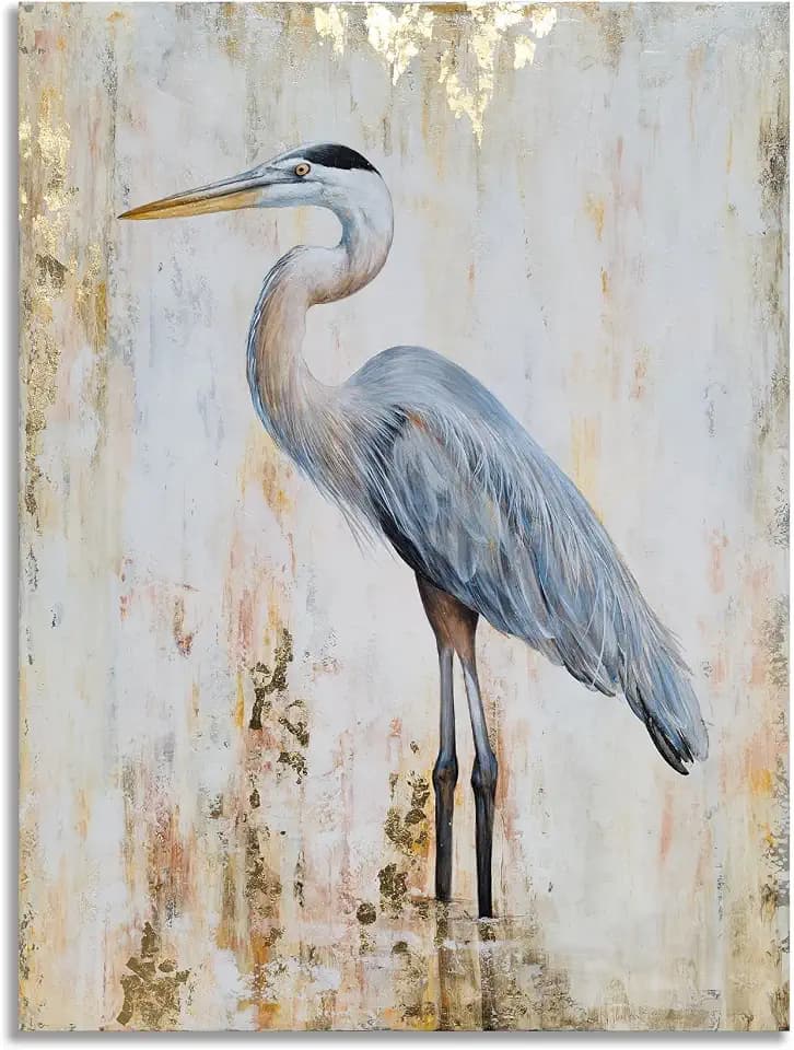 Yihui Arts Bird Canvas Wall Art - Heron Painting with Gold Foil for Farmhouse Living Room Decor