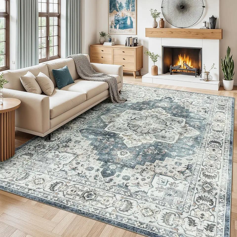 Lessymo 8x10 Vintage Rug for Living Room,Washable Carpet Blue Grey/Beige