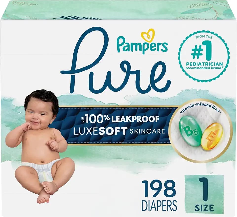 Pampers Pure Baby Diapers, Size 1 (8-14 lbs), 198