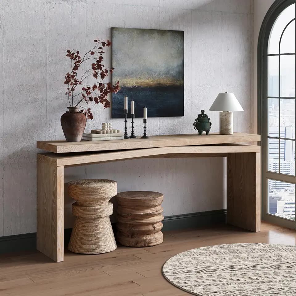 KEIKI 65" Rustic Wooden Console Table, Farmhouse Entryway & Sofa Table with Solid Wood Veneer Top, Long Hallway Accent Table for Living Room, Natural