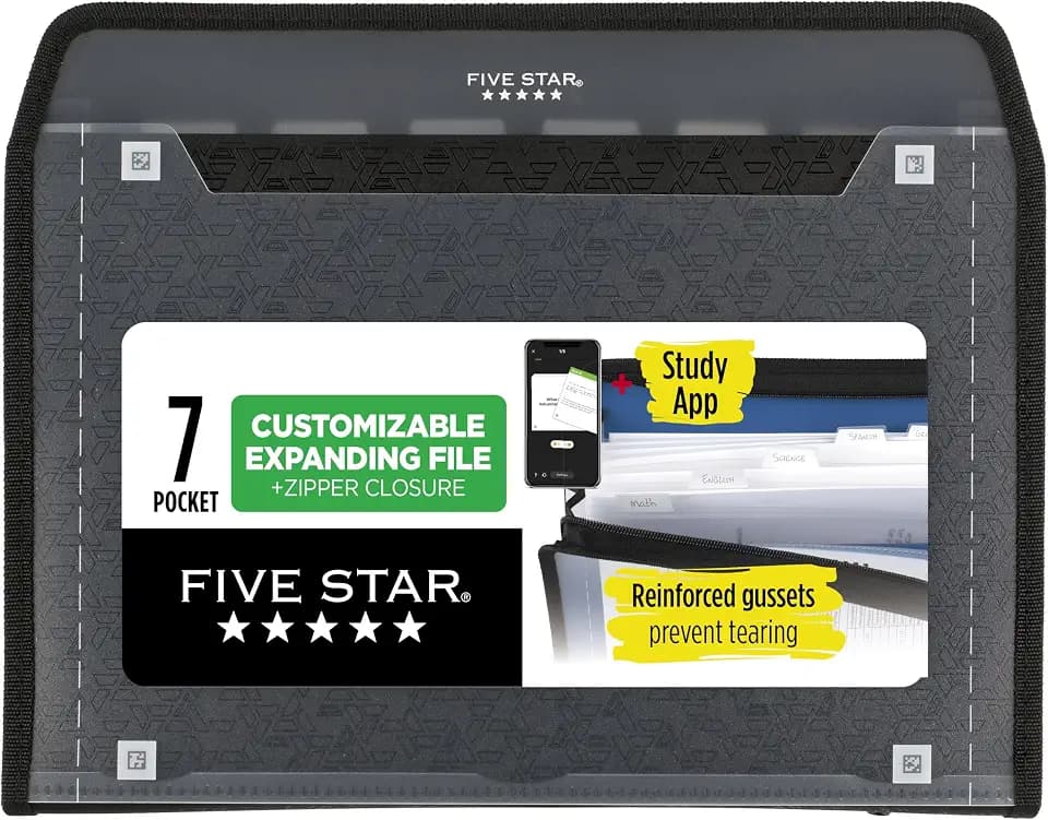 Five Star Expanding File Organizer + Study App, 7-Pocket Accordian File Organizer, Zipper Closure, Holds 8-1/2" x 11" Paper, Black (72709)