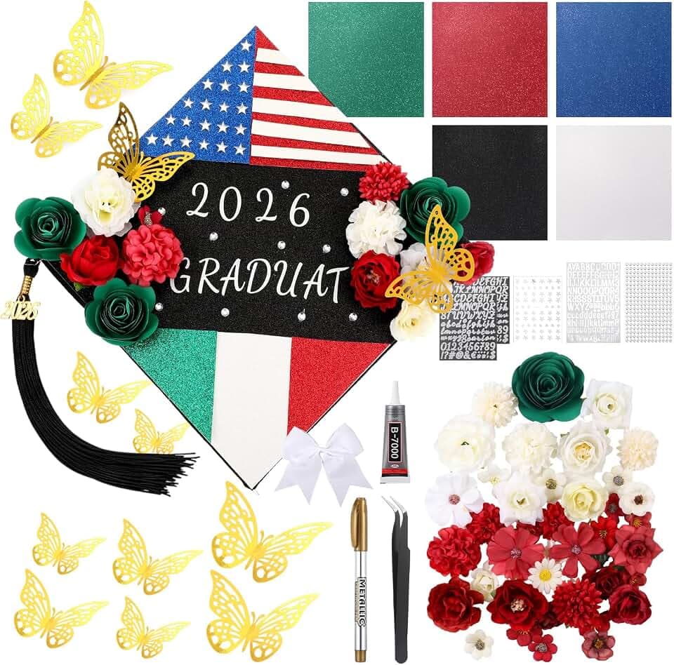 WinnerWhy 51Pcs DIY Mexican American Flag Graduation Cap Decorations 2026 Handmade Mexican American Grad Hat kit Included Faux Flower Heads Letter 3D Butterfly Stickers for Craft Graduation Cap Topper