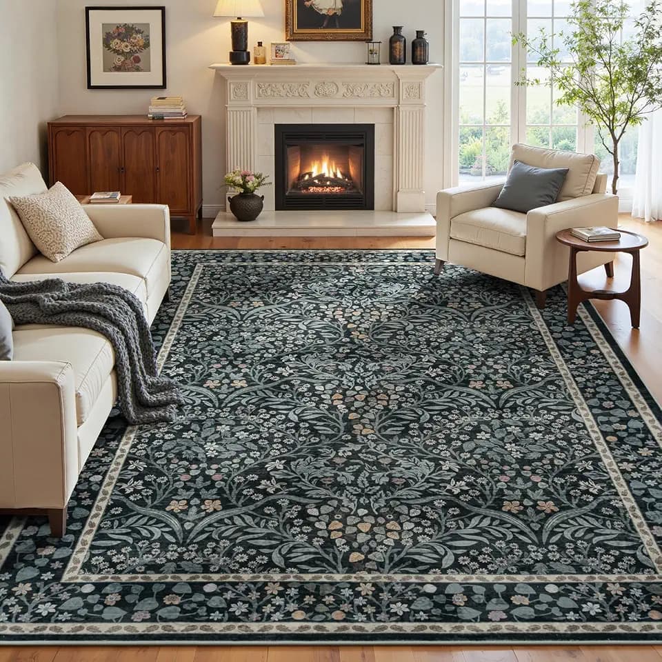 Lofus Black Boho Floral Rug 9x12, Washable Large Living Room Area Rugs