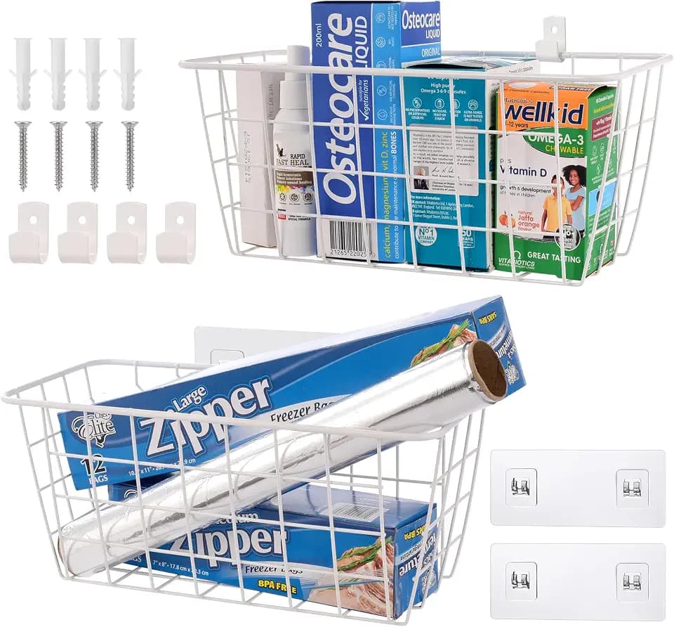 Wire Hanging Wall Basket, 2 White Metal Baskets, Adhesive Cabinet Organizer