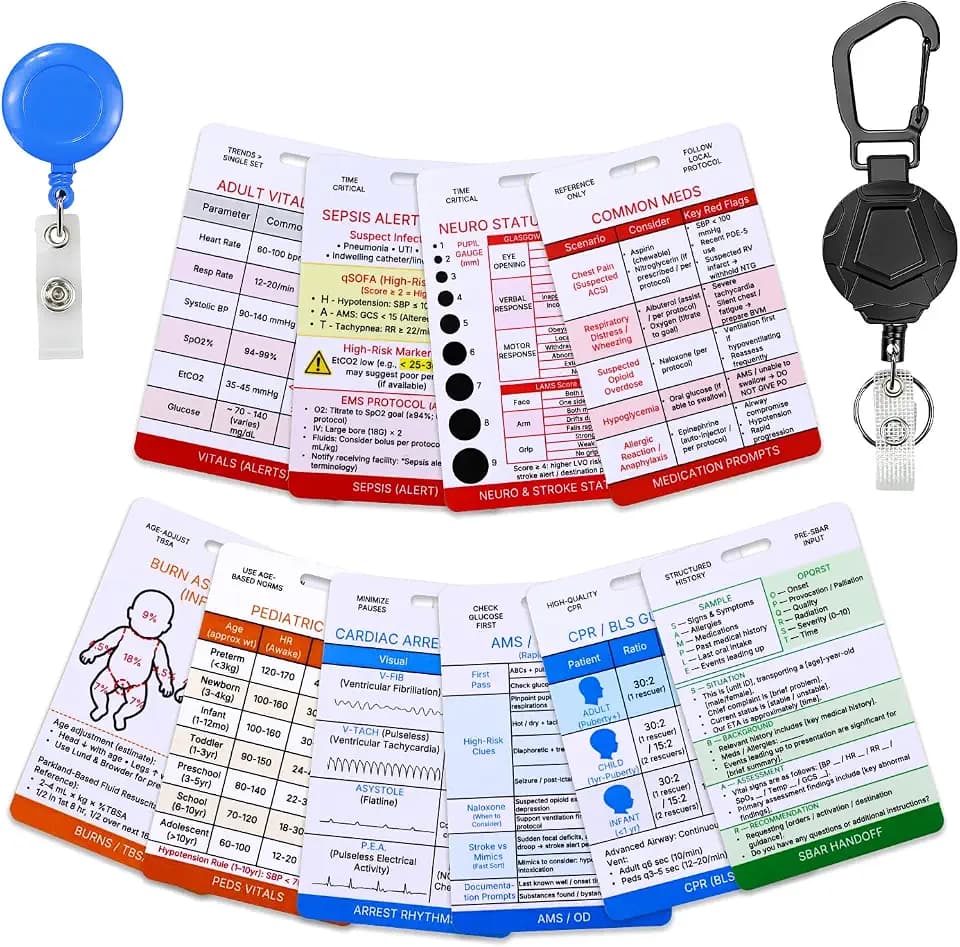 EMT Badge Cards Quick Reference - 10 Double-Sided Cards with 2 Badge Reels