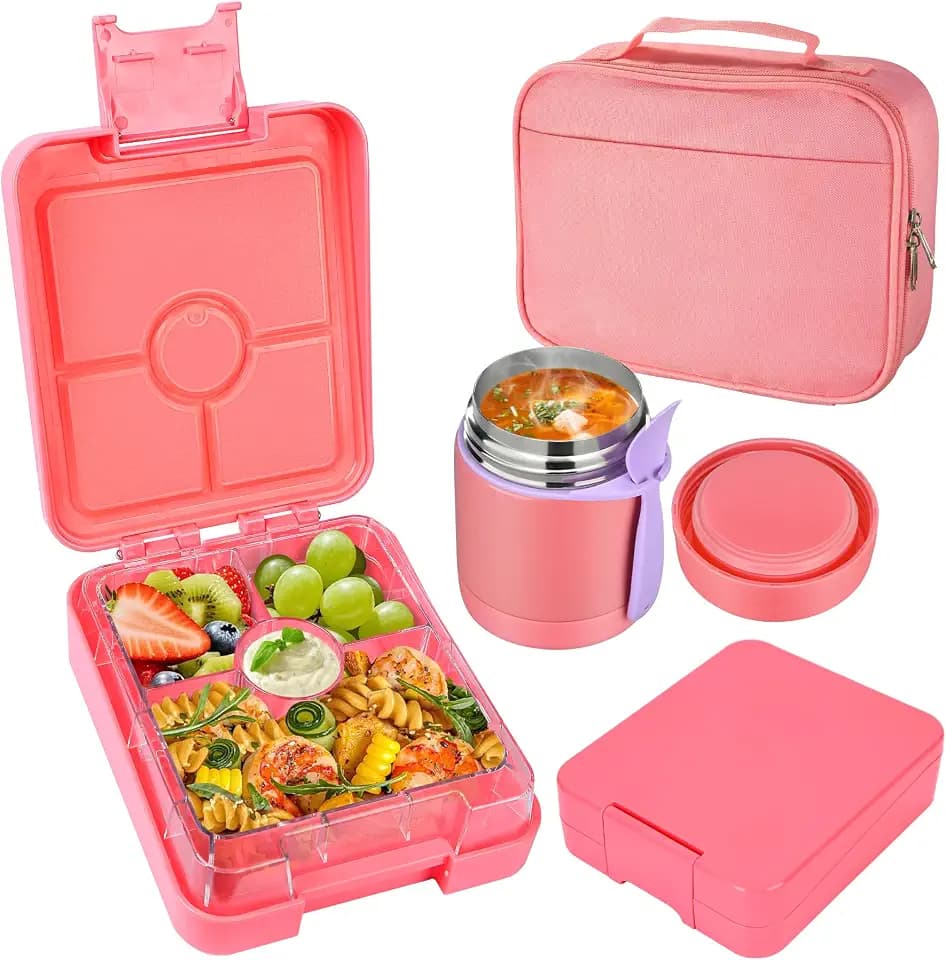 Pawtong Bento Lunch Box Set With 10oz Soup Thermo, Leak-proof Lunch Containers with 4 Compartment, Kids Hot Thermo Food Jar/Insulation Lunch Bag, Food Containers for School(Solid)