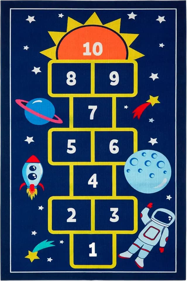 Home Dynamix Everwash Imagine Hopscotch Space Kids Machine Washable Area Rug, Blue/Yellow, 4'x6'