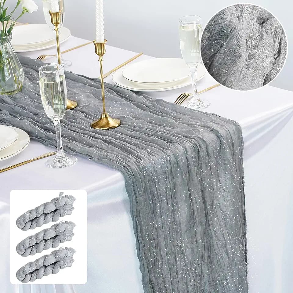 3PCS Silver Gray Spirng Cheesecloth Table Runner Boho Rustic Gauze 120 inch 10FT Shimmer Cheese Cloth Runner for Wedding Party Baby Shower Birthday Home Decor Holiday Decorations