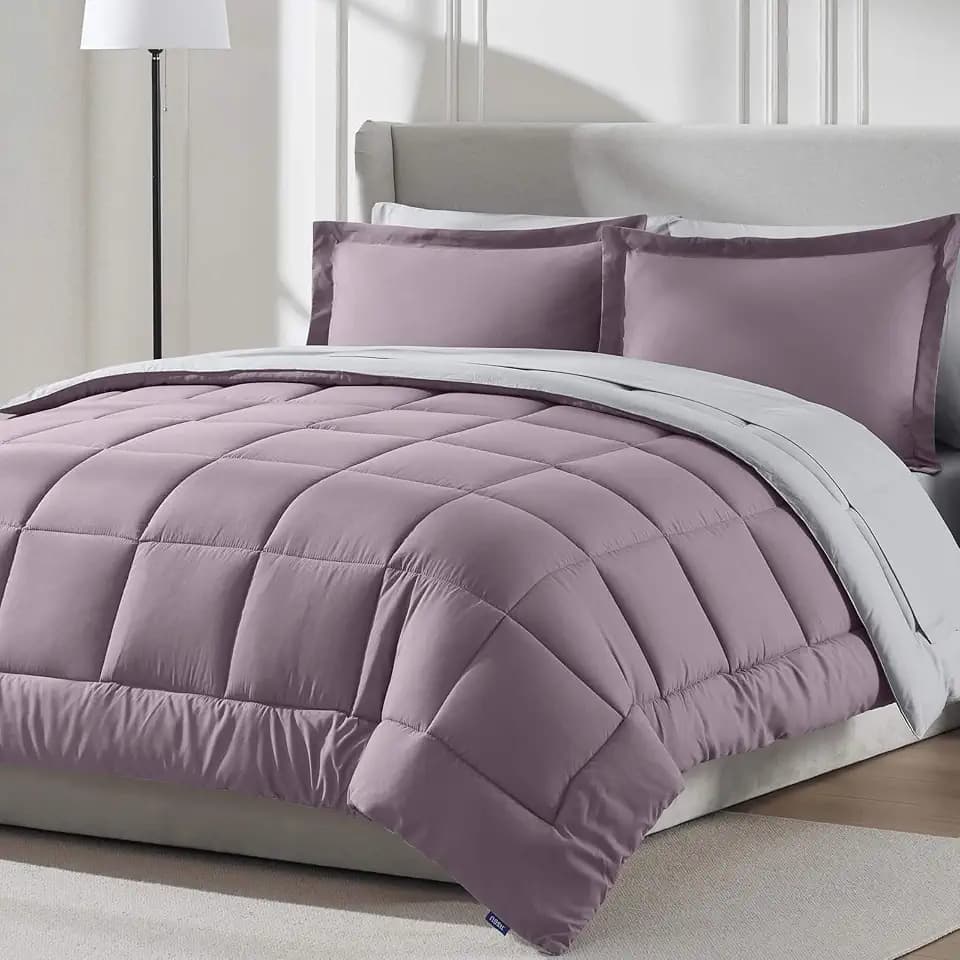 Nestl 9 Piece King Comforter Set – Dusty Purple Reversible Bed in a Bag – Complete King Size Bedding Set with Sheets, Set of 2 Down Alternative Pillows, Pillowcases and Shams