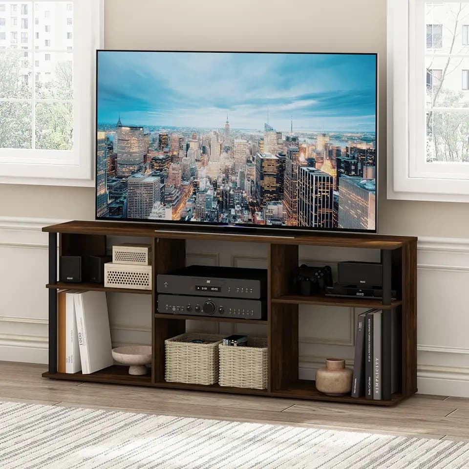 Furinno Classic TV Stand, 3-Tier Entertainment Center with Storage Shelf, Open Back TV Console for TV up to 65 Inch with Plastic Poles, for Living Room, Bedroom, Amber Oak