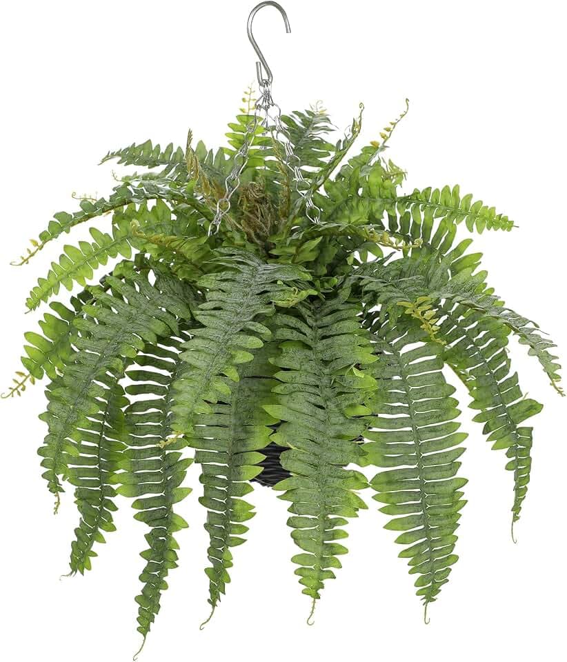 Artificial Fern Hanging Basket Plant 25" Boston Ferns 31 Leaves Greenery Plants with Rattan Pot for Outdoors & Indoor Fake Fern Bush Plant in Pot for Patio Entrance Porch Garden Decor Dusty Green
