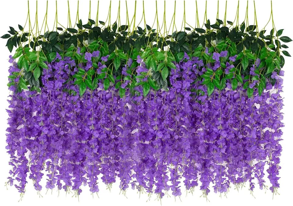 24 Pack Artificial Wisteria Hanging Flowers Fake Wisteria Flower Garland Silk Vines Rattan Decor for Home Wedding Arch Wall Garden Greenery Bedroom Outdoor Office Party Decoration (Purple)