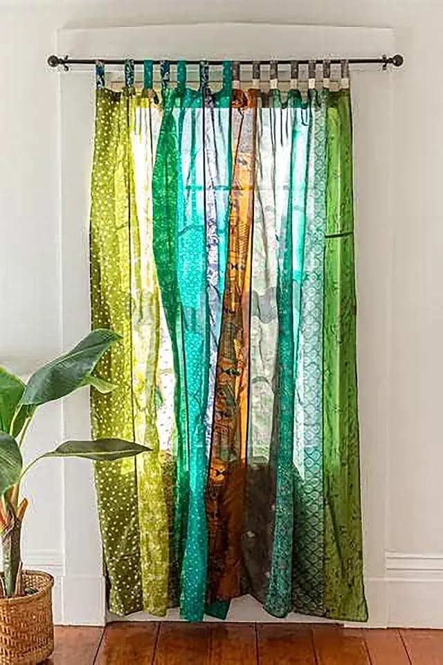 Indian Silk Curtain With Patchwork Sari Theme - Bohemian Gypsy Style (Green)