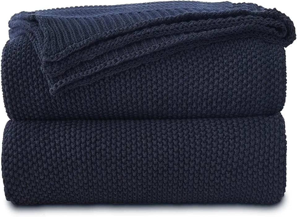 Longhui bedding Dark Navy Blue Cotton Cable Knit Throw Blanket for Couch Sofa Bed, Lightweight Home Decorative Throws, Bonus Laundering Bag, 50“ x 60” Machine Washable