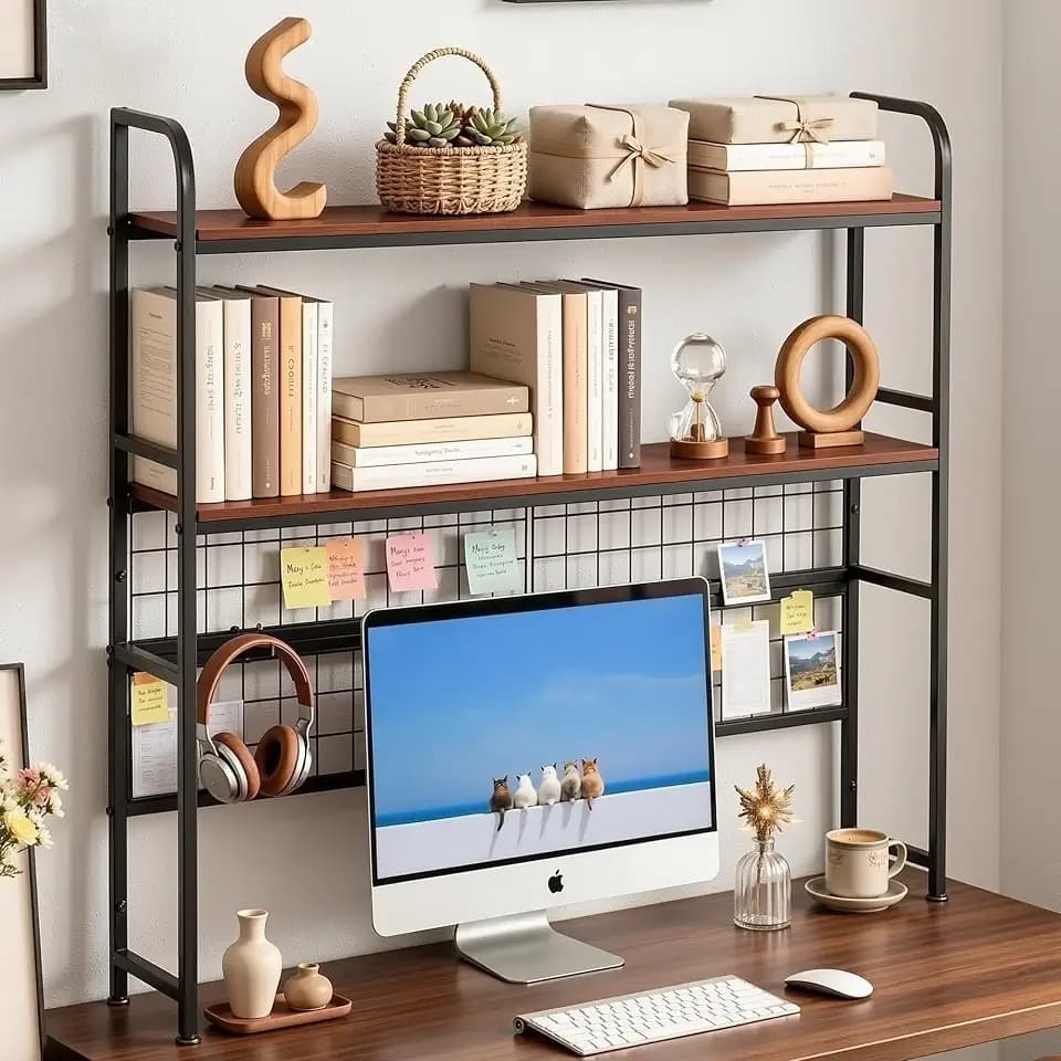 VECELO 2-Tier Desktop Bookshelf, Retro Brown Metal Desk Hutch with Grid Panel, 45.3 Inch Wide Countertop Storage Organizer for Bedroom & Dorm