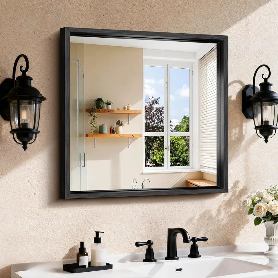 CIRCUMI 24"x24" Brushed Black Bathroom Mirror, Square Mirror for Vanity