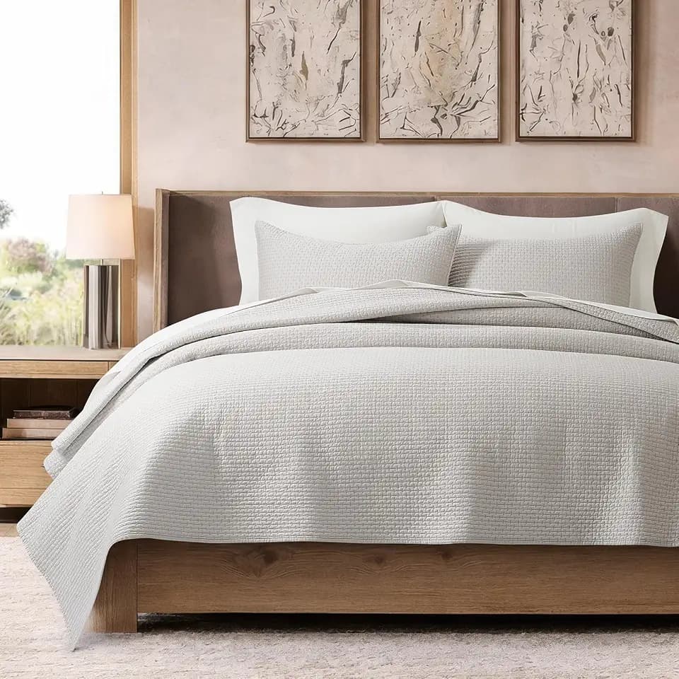 EverGrace Cotton Sateen Pick-Stitch Quilt Set, King Size, Frost Gray