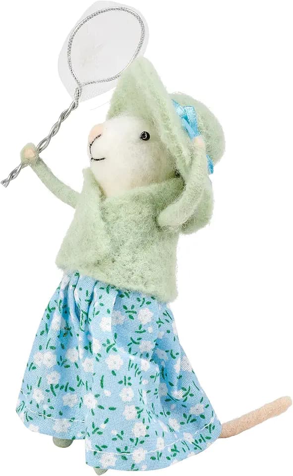 Primitives by Kathy Butterfly Net Mouse Collectible Felt Critter, 6.25-inch, Blue Fabric Floral Dress, with Sun hat - Tiered Tray, Shelf, or tablescape Display with Our Other Spring & Easter Decor